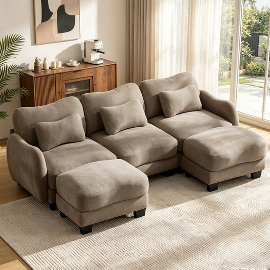 Hvoonc 101" Modular Sectional Sofa for Living Room, Sculptural Curved Chenille 3 Seater Couch with 2 Ottomans, 25" Deep Seat, Pocket Springs, Mocha Brown