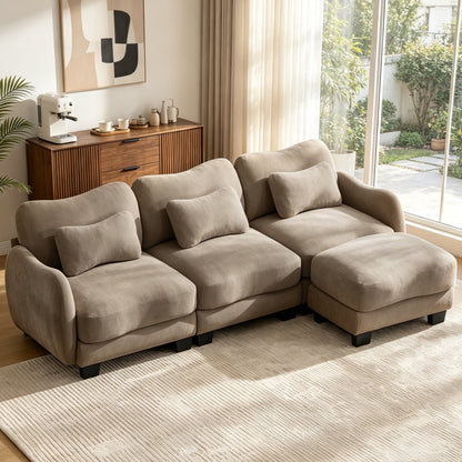 Hvoonc 101" Modular Sectional Sofa for Living Room, Sculptural Curved Chenille 3 Seater Couch with Ottoman, 25" Deep Seat, Pocket Springs, Mocha Brown
