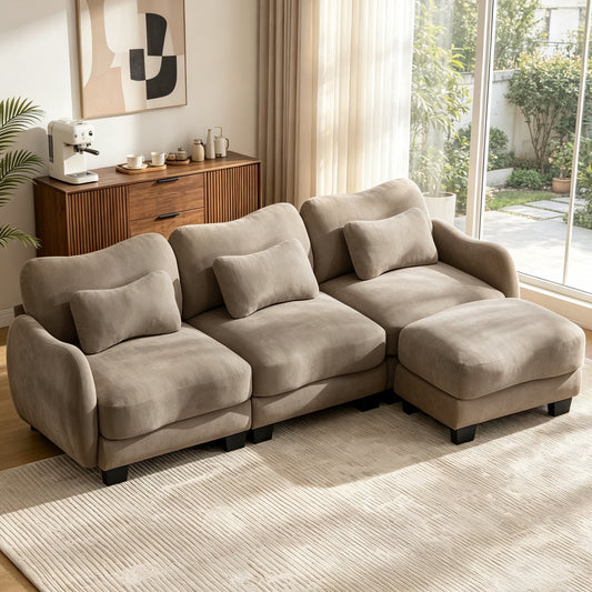 Hvoonc 101" Modular Sectional Sofa for Living Room, Sculptural Curved Chenille 3 Seater Couch with Ottoman, 25" Deep Seat, Pocket Springs, Mocha Brown