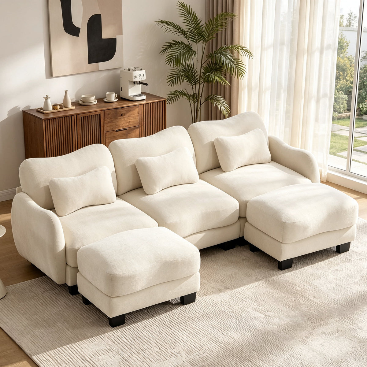 Hvoonc 101" Modular Sectional Sofa for Living Room, Sculptural Curved Chenille 3 Seater Couch with 2 Ottomans, 25" Deep Seat, Pocket Springs, Beige