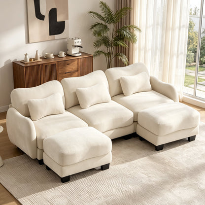 Hvoonc 101" Modular Sectional Sofa for Living Room, Sculptural Curved Chenille 3 Seater Couch with 2 Ottomans, 25" Deep Seat, Pocket Springs, Beige