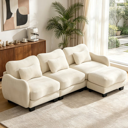 Hvoonc 101" Modular Sectional Sofa for Living Room, Sculptural Curved Chenille 3 Seater Couch with Ottoman, 25" Deep Seat, Pocket Springs, Beige