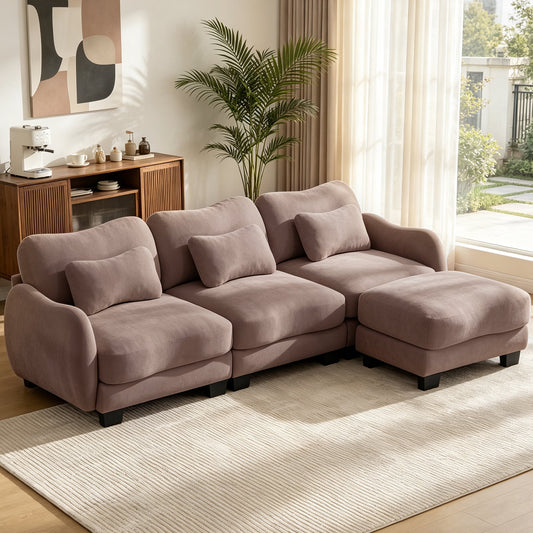 Hvoonc 101" Modular Sectional Sofa for Living Room, Sculptural Curved Chenille 3 Seater Couch with Ottoman, 25" Deep Seat, Pocket Springs, Dusty Rose