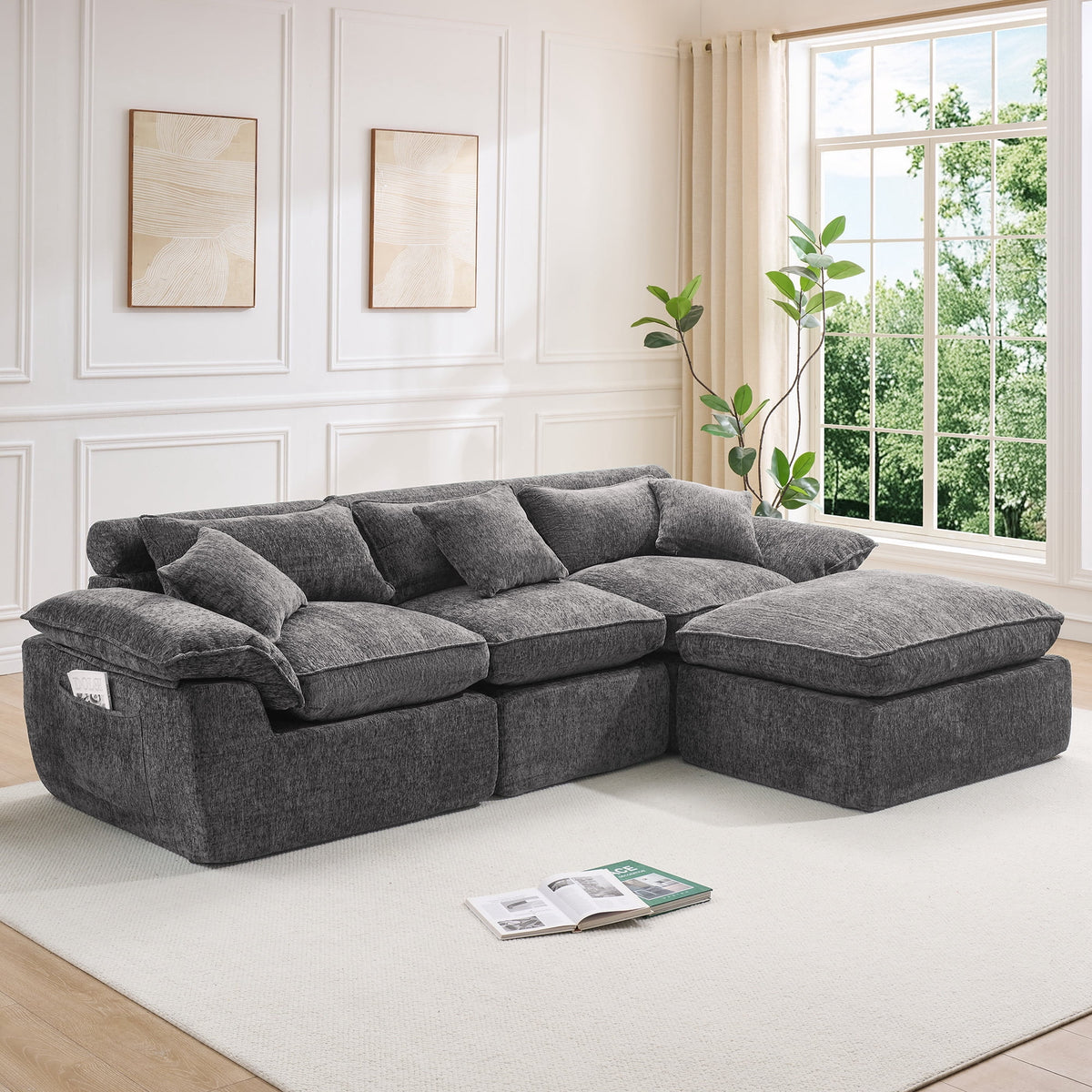 Hvoonc 110" Modular Sectional Sofa with Ottoman for Living Room, Boneless Cloud Chenille Couch in a Box with 23.6" Deep Seat, Dark Gray