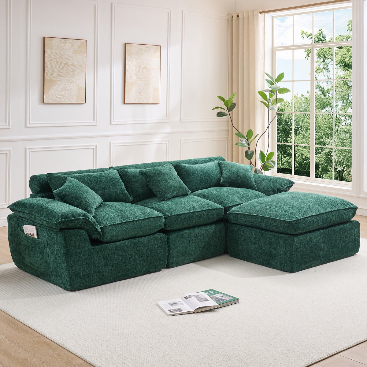 Hvoonc 110" Modular Sectional Sofa with Ottoman for Living Room, Boneless Cloud Chenille Couch in a Box with 23.6" Deep Seat, Dark Green