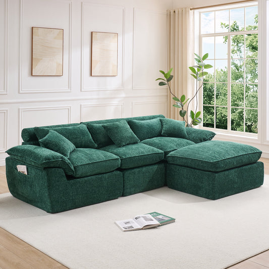 Hvoonc 110" Modular Sectional Sofa with Ottoman for Living Room, Boneless Cloud Chenille Couch in a Box with 23.6" Deep Seat, Dark Green