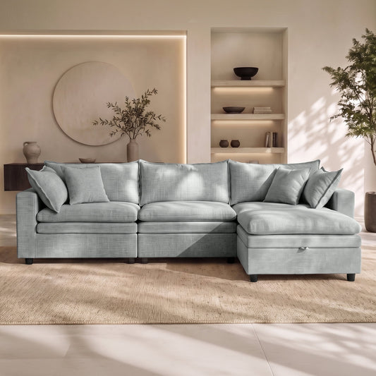 Hvoonc 115" Down-Filled Modular Sofa for Living Room, 3 Seater Couch with Storage Ottoman, Washable Covers, Tool-Free Assembly, Light Gray