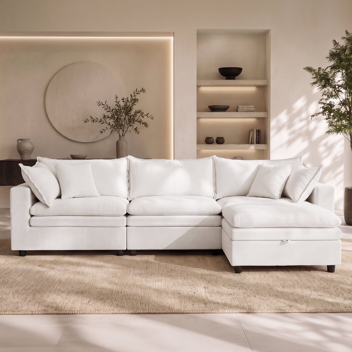 Hvoonc 115" Down-Filled Modular Sofa for Living Room, 3 Seater Couch with Storage Ottoman, Washable Covers, Tool-Free Assembly, Beige