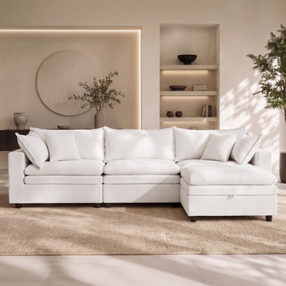 Hvoonc 115" Down-Filled Modular Sofa for Living Room, 3 Seater Couch with Storage Ottoman, Washable Covers, Tool-Free Assembly, Beige