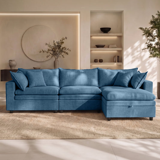 Hvoonc 115" Down-Filled Modular Sofa for Living Room, 3 Seater Couch with Storage Ottoman, Washable Covers, Tool-Free Assembly, Navy Blue