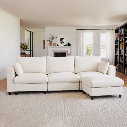 Hvoonc 115" Modular Sectional Sofa for Living Room, Chenille L Shaped Couch with Storage Ottoman, 21.3" Deep Seat, Tool-Free Assembly, Washable Covers, Beige