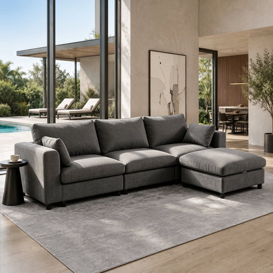 Hvoonc 115" Modular Sectional Sofa for Living Room, Chenille L Shaped Couch with Storage Ottoman, 21.3" Deep Seat, Washable Covers, Dark Gray
