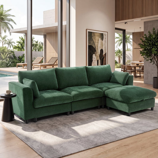 Hvoonc 115" Modular Sectional Sofa with Storage Ottoman, Chenille L Shaped Couch for Living Room, Washable Covers, Tool-Free Assembly, Dark Green