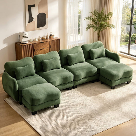 Hvoonc 131.5" Modular Sectional Sofa for Living Room, Sculptural Curved Chenille 4 Seater Couch with 2 Ottomans, 25" Deep Seat, Pocket Springs, Dark Green