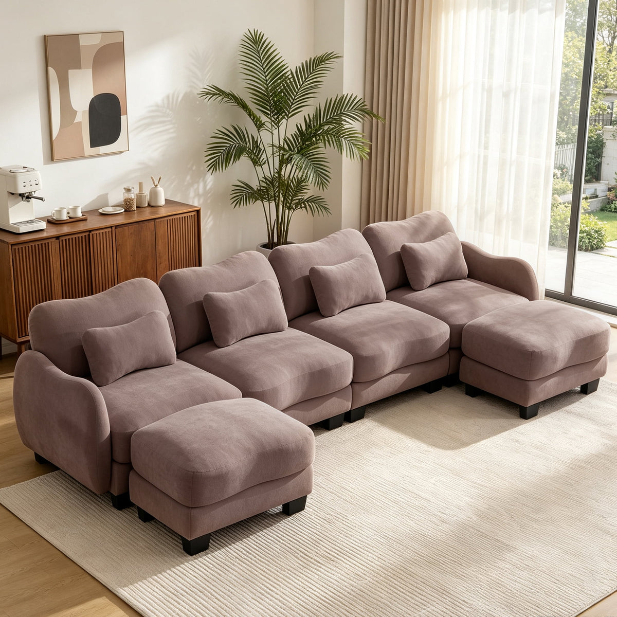 Hvoonc 131.5" Modular Sectional Sofa for Living Room, Sculptural Curved Chenille 4 Seater Couch with 2 Ottomans, 25" Deep Seat, Pocket Springs, Dusty Rose