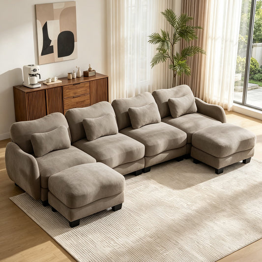 Hvoonc 131.5" Modular Sectional Sofa for Living Room, Sculptural Curved Chenille 4 Seater Couch with 2 Ottomans, 25" Deep Seat, Pocket Springs, Mocha Brown