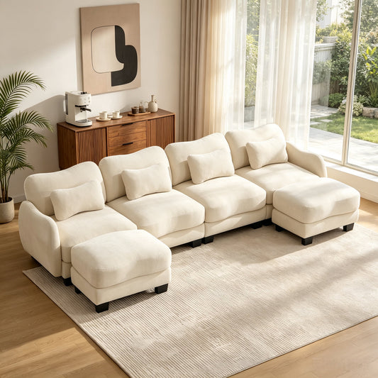 Hvoonc 131.5" Modular Sectional Sofa for Living Room, Sculptural Curved Chenille 4 Seater Couch with 2 Ottomans, 25" Deep Seat, Pocket Springs, Beige
