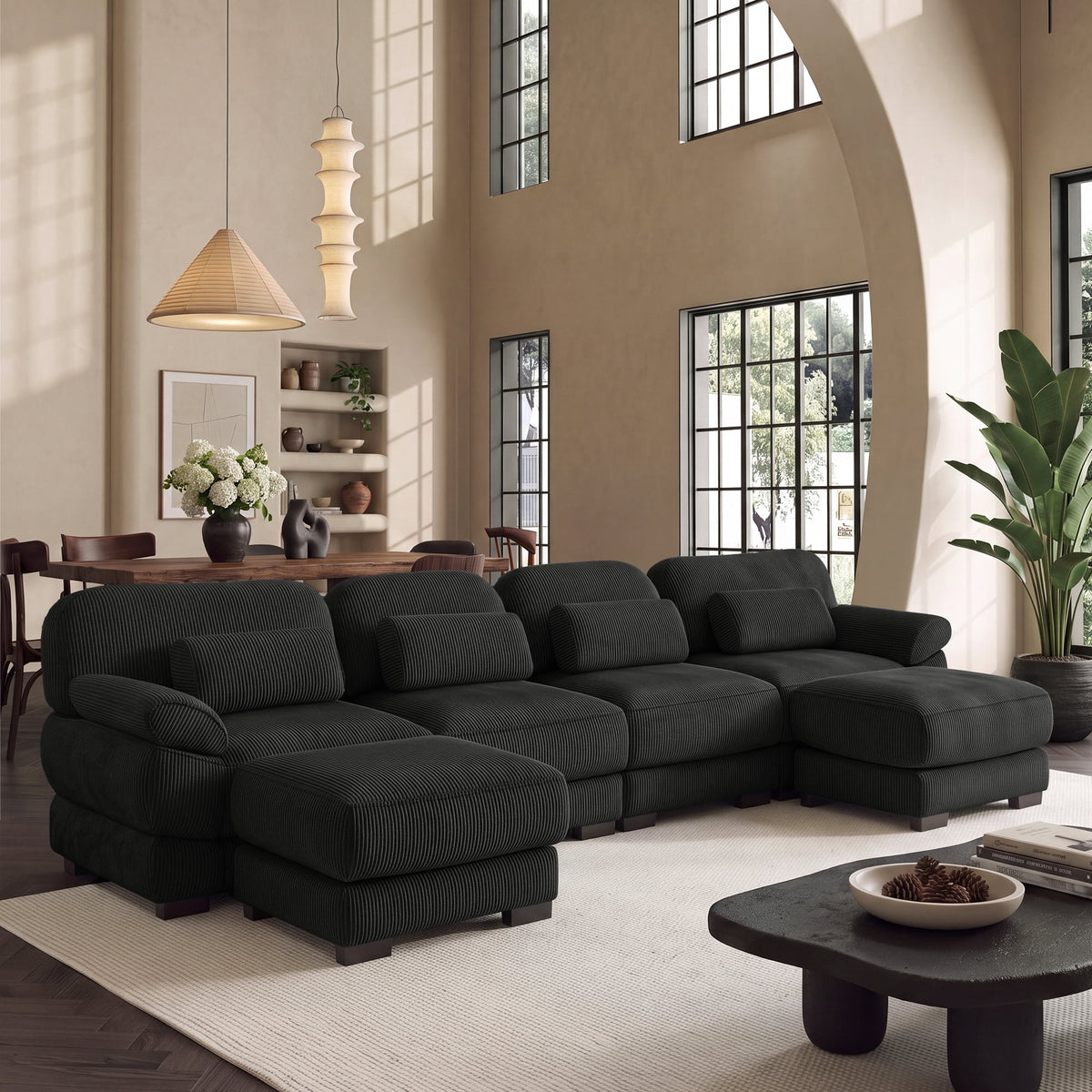Hvoonc 132.3" Oversized Modular Sectional Sofa for Living Room, 24" Deep Seating, Pocket Spring Cushions, Pet-Friendly Corduroy Fabric, Black