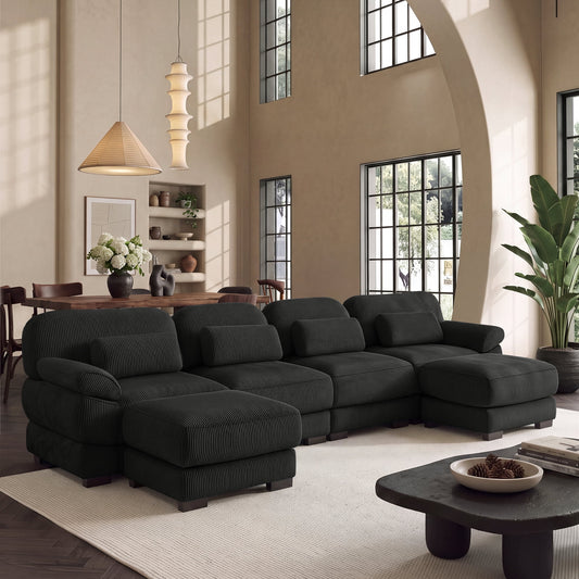 Hvoonc 132.3" Oversized Modular Sectional Sofa for Living Room, 24" Deep Seating, Pocket Spring Cushions, Pet-Friendly Corduroy Fabric, Black