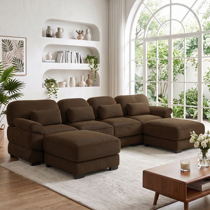 Hvoonc 132.3" Oversized Modular Sectional Sofa for Living Room, 24" Deep Seating, Pocket Spring Cushions, Pet-Friendly Corduroy Fabric, Brown