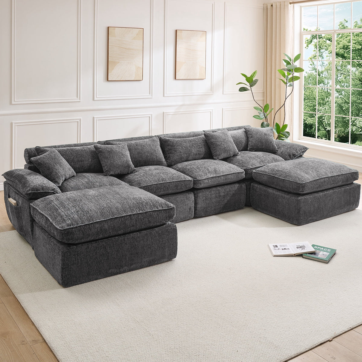 Hvoonc 137.5" Modular Sectional Couches for Living Room, Boneless Cloud Chenille Couch in a Box with 23.6" Deep Seats & Ottomans, Dark Gray