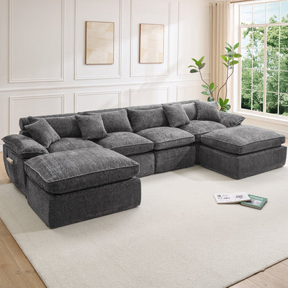 Hvoonc 137.5" Modular Sectional Couches for Living Room, Boneless Cloud Chenille Couch in a Box with 23.6" Deep Seats & Ottomans, Dark Gray