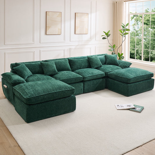 Hvoonc 137.5" Modular Sectional Couches for Living Room, Boneless Cloud Chenille Couch in a Box with 23.6" Deep Seats & Ottomans, Dark Green