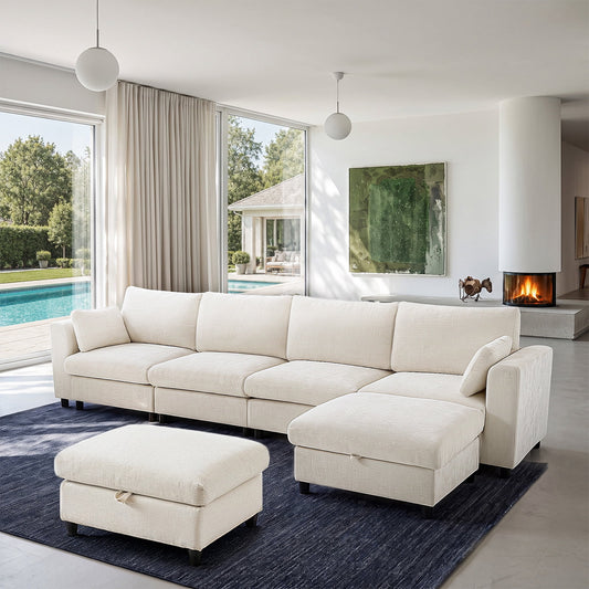 Hvoonc 147.5" Large Modular Sectional Sofa for Living Room, Chenille U Shaped Couch with Storage Ottomans, Removable Washable Covers, Tool-Free Assembly, Beige