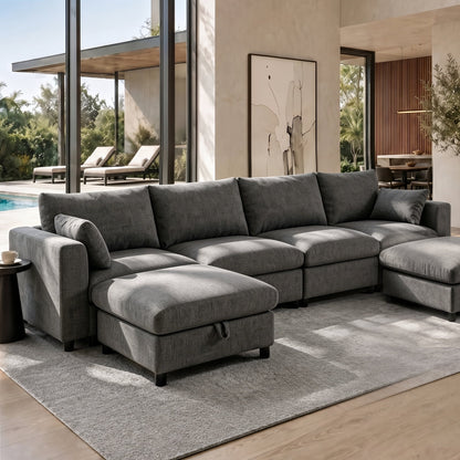 Hvoonc 147.5" Modular Sectional Sofa for Living Room, Chenille U Shaped Couch with Storage Ottomans, Removable Washable Covers, Tool-Free Assembly, Dark Gray