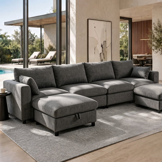 Hvoonc 147.5" Modular Sectional Sofa for Living Room, Chenille U Shaped Couch with Storage Ottomans, Removable Washable Covers, Tool-Free Assembly, Dark Gray