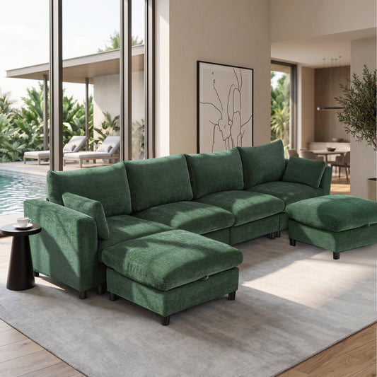 Hvoonc 147.5" Modular Sectional Sofa for Living Room, Chenille U Shaped Couch with Storage Ottomans, Removable Washable Covers, Tool-Free Assembly, Dark Green
