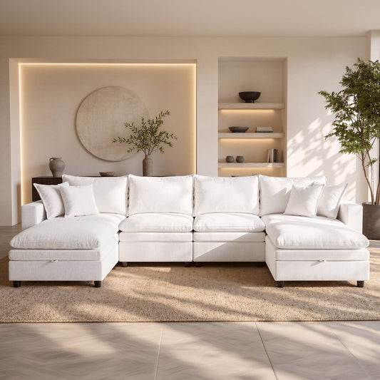 Hvoonc 148.4" Down-Filled Modular Sectional Sofa for Living Room, U Shaped Couch with 2 Storage Ottomans, Washable Covers, Tool-Free Assembly, Beige