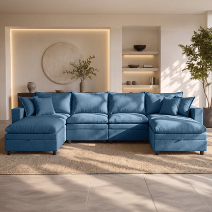 Hvoonc 148.4" Down-Filled Modular Sectional Sofa for Living Room, U Shaped Couch with 2 Storage Ottomans, Washable Covers, Tool-Free Assembly, Navy Blue