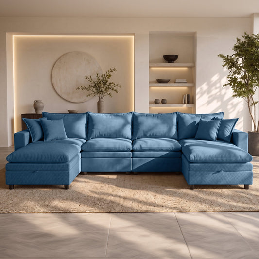 Hvoonc 148.4" Down-Filled Modular Sectional Sofa for Living Room, U Shaped Couch with 2 Storage Ottomans, Washable Covers, Tool-Free Assembly, Navy Blue