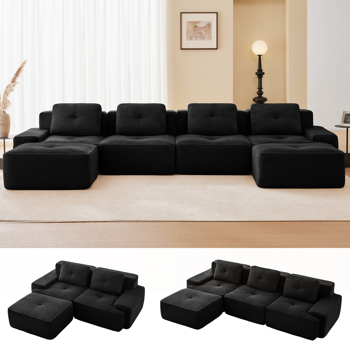 Hvoonc 150" Modular Sectional Sofa for Living Room, 29" Deep Seating, U Shaped Cloud Couch with 2 Ottomans, Black