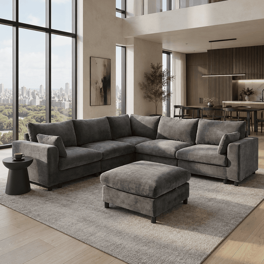 Hvoonc 210" L Shaped Couch with Storage Ottoman, Modular Corner Sectional Sofa for Living Room, Washable Covers, Tool-Free Assembly, Dark Gray