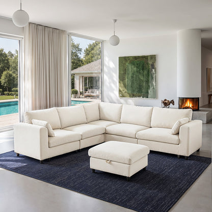 Hvoonc 210" L-Shaped Modular Sectional Sofa, 5-Seater Corner Couch with Storage Ottoman, Chenille, Removable Washable Covers, Tool-Free Assembly, Beige