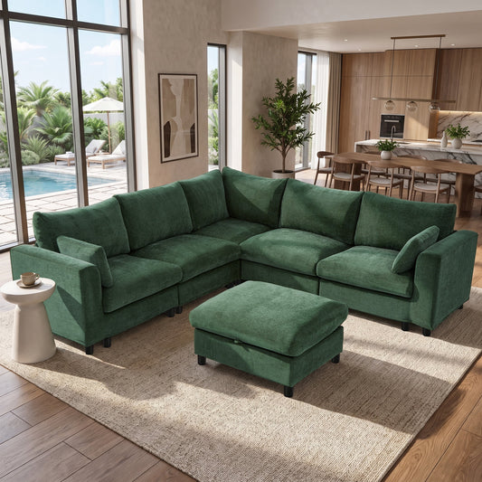 Hvoonc 210" L Shaped Modular Sectional Sofa for Living Room, Chenille Corner Couch with Storage Ottoman, Washable Covers, Tool-Free Assembly, Dark Green