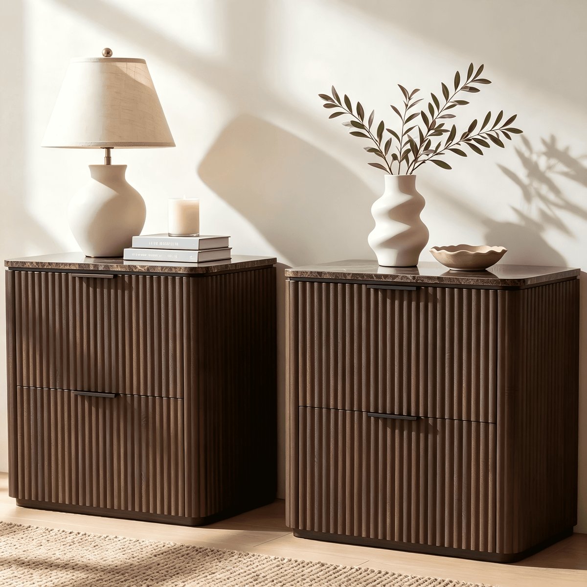 Hvoonc 2 Drawer Nightstands Set of 2, Faux Marble Top, Fluted Bedside Tables with Storage, FSC Certified Wood, Walnut Brown