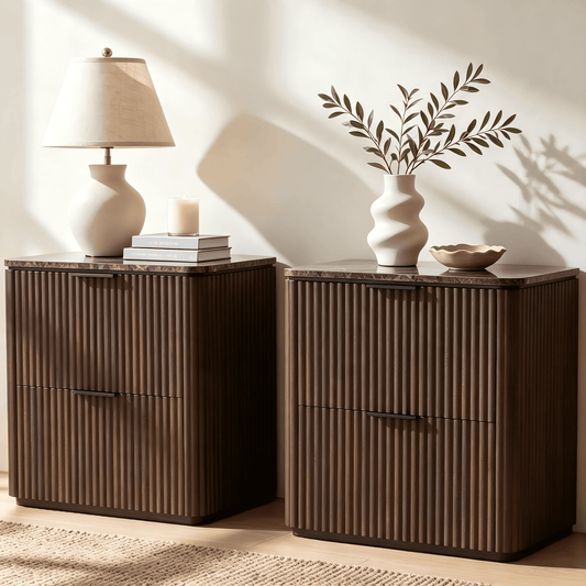 Hvoonc 2 Drawer Nightstands Set of 2, Faux Marble Top, Fluted Bedside Tables with Storage, FSC Certified Wood, Walnut Brown