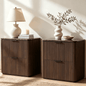 Hvoonc 2 Drawer Nightstands Set of 2, Faux Marble Top, Fluted Bedside Tables with Storage, FSC Certified Wood, Walnut Brown