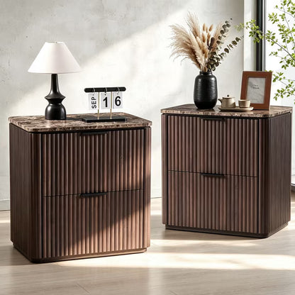 Hvoonc 2 Drawer Nightstand, 24" Tall Fluted Bedroom Bedside Table with Storage, Faux Marble Top, 2" Thick Side Panels, Walnut Brown