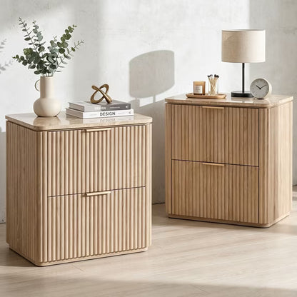 Hvoonc 2 Drawer Nightstand, 24" Tall Fluted Bedroom Bedside Table with Storage, Faux Marble Top, 2" Thick Side Panels, Natural Oak