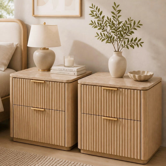 Hvoonc 2 Drawer Nightstands Set of 2, Faux Marble Top, Fluted Bedside Tables with Storage, FSC Certified Wood, Natural Oak