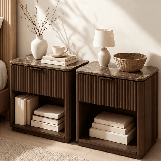 Hvoonc Fluted Wood Nightstands Set of 2, Faux Marble Top Bedside Tables with Drawer Storage for Bedroom, Walnut Brown