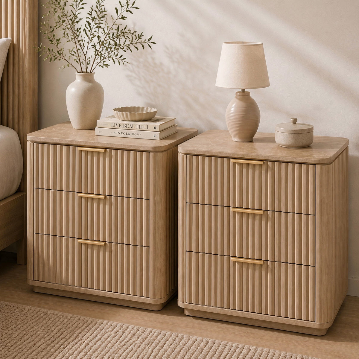 Hvoonc 3 Drawer Nightstands Set of 2, Fluted Bedside Tables with Faux Marble Top, Large Capacity Storage, Natural Oak