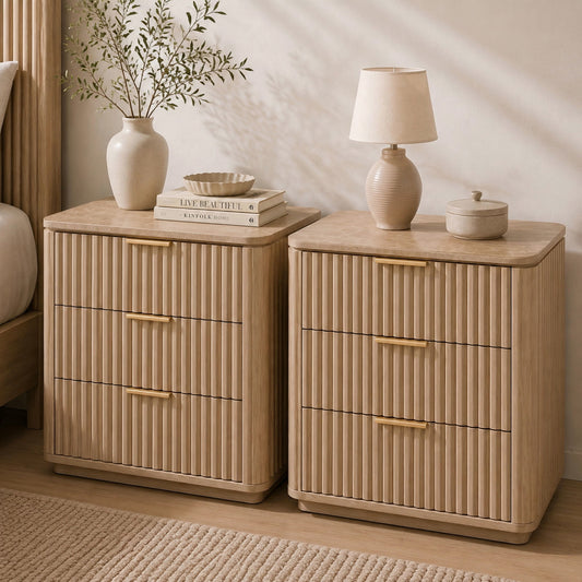 Hvoonc 3 Drawer Nightstands Set of 2, Fluted Bedside Tables with Faux Marble Top, Large Capacity Storage, Natural Oak