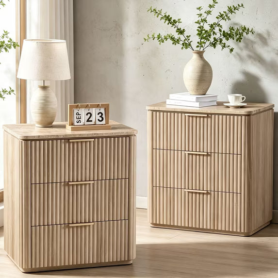 Hvoonc 3 Drawer Nightstands Set of 2, Fluted Bedside Tables with Faux Marble Top, Large Capacity Storage, Natural Oak