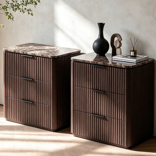 Hvoonc 3 Drawer Nightstands Set of 2, Fluted Bedside Tables with Faux Marble Top, Large Capacity Storage, Walnut Brown