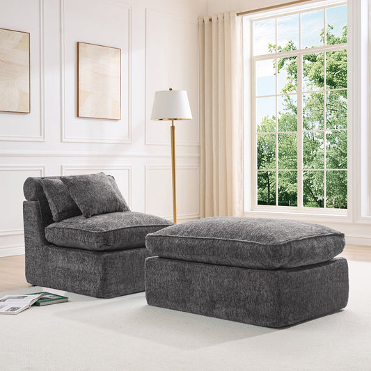 Hvoonc 27.3" Modular Lounge Accent Chair with Ottoman, Boneless Chenille Cloud Chair in a Box with 23.6" Deep Seat, Dark Gray